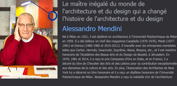 Un esprit toujours jeune / Alors qu'il avait commencé une carrière centrée sur la pensée théorique, après ses 50 ans, il commence à travailler en tant qu'architecte et designer. En 1989, avec son frère l'architecte Francesco Mendini, il ouvre à Milan l'atelier Mendini où sont entrepris le projet Torre Paradiso (monument pour le port d'Hiroshima) et le Musée Groninger dans les Pays-Bas. En tant que designer émergeant, Alessandro Mendini a réussi à attirer l'intérêt international grâce à ses expérimentations et en réalisant ses idées dans l'espace réel. À un âge mature, il a réussi à créer des designs vivants, jeunes et innovatifs.Alessandro Mendini a travaillé dans de nombreux projets avec des compagnies de renommée internationale. Sa collaboration avec Alessi a commencée en 1979 et a menée au projet Tea & Coffee Piazza en 1983 qui fut couronné de succès. Il a demandé à des architectes internationaux des designs pour ce projet et onze services à thé et à café en argent ont été produits. Alessandro Mendini a commencé une étroite et fructueuse coopération avec de nombreux architectes et designers renommés. Ses projets font partie de l’histoire mondiale du design contemporain. L'Atelier Mendini a reçu la médaille d'or pour l'architecture italienne lors de la Triennale de Milan en 2003, pour le projet du métro de Naples. Pour le Byblos Art Hotel à Vérone, l'atelier a reçu le Villegiature Award pour le' Best Hotel Architecture and Interior Design in Europe 2006 '